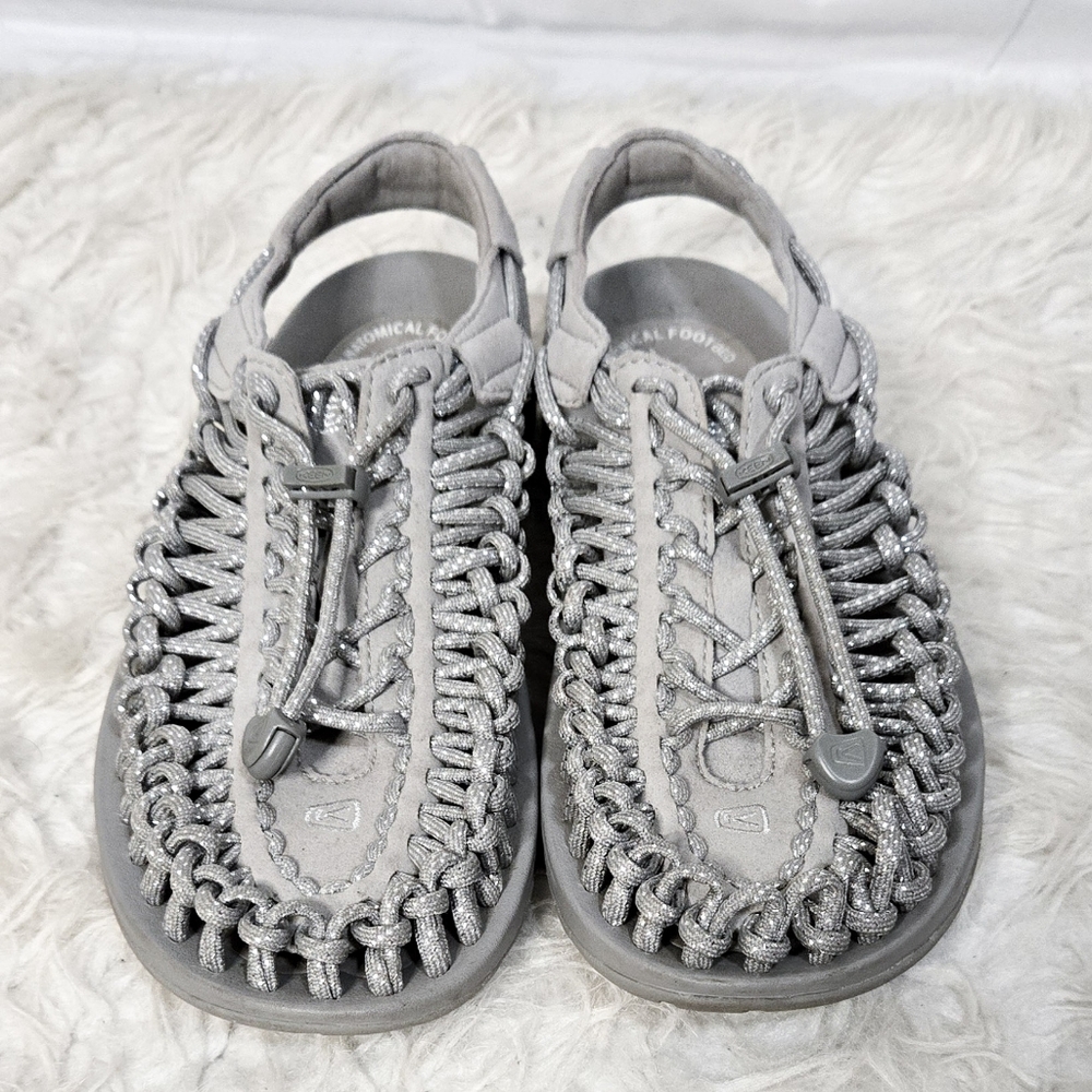Keen Uneek Two Cord Sandals Silver Gray Metallic Hiking Gorpcore Drawstring - Picture 2 of 7